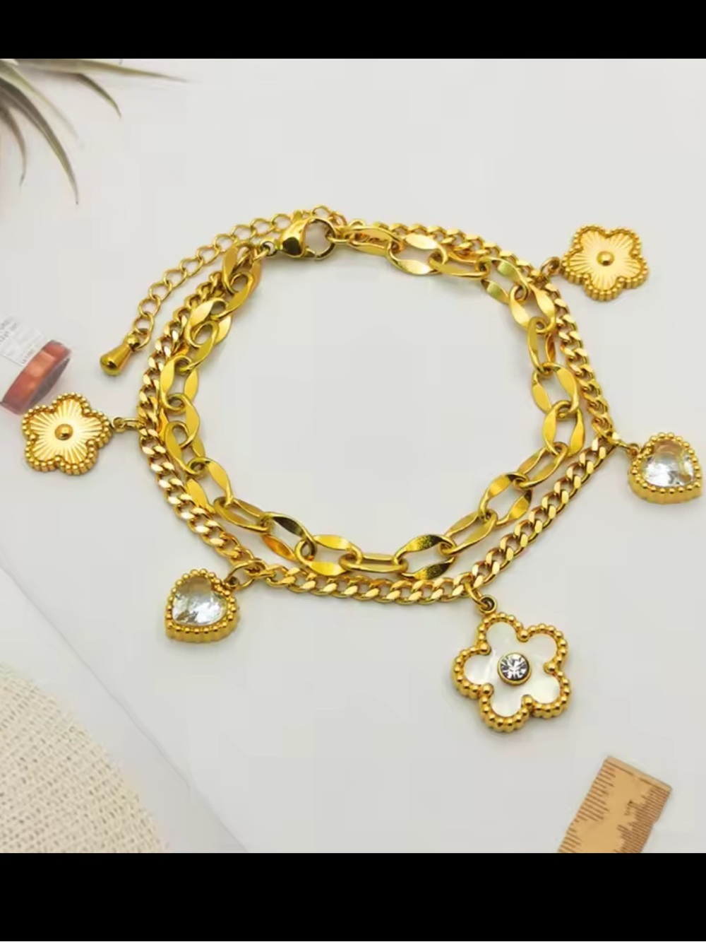 Stainless Steel Gold Floral & Heart Charm Chain Bracelet